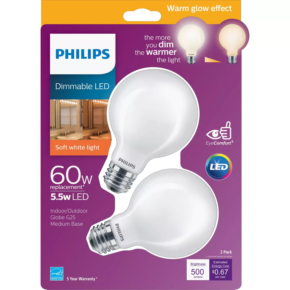 Philips Warm Glow 60W Equivalent Soft White G25 Medium Frosted Dimmable LED Decorative Globe Light Bulb (2-Pack) - photo 2