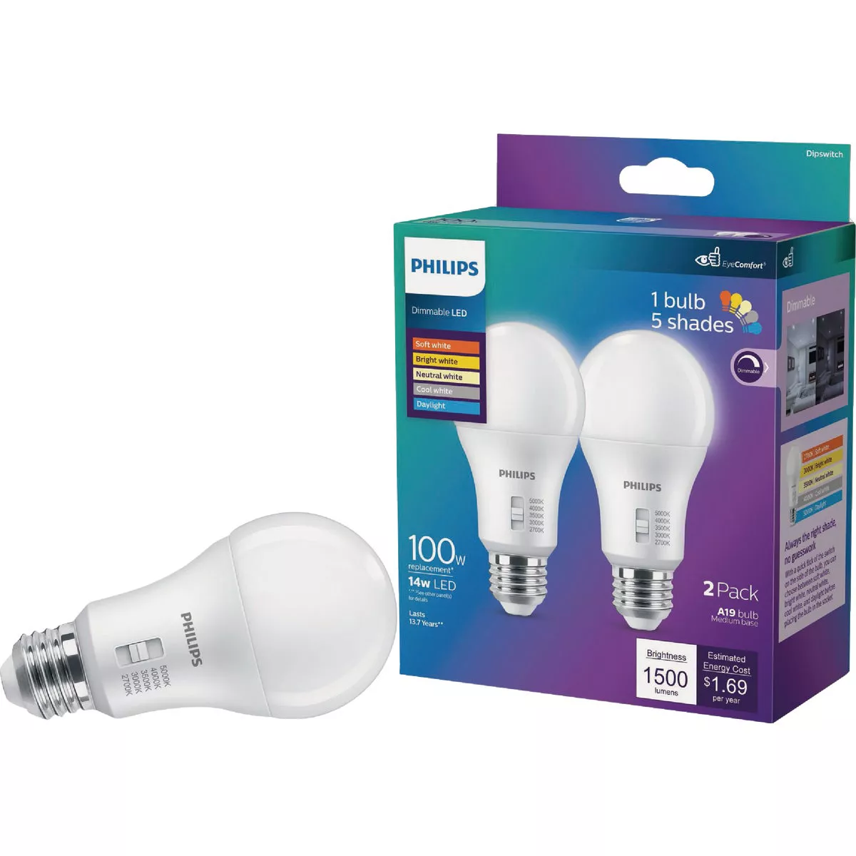 Philips 100W Equivalent 5 CCT A19 Medium Dimmable LED Light Bulb (2-Pack) - photo 4