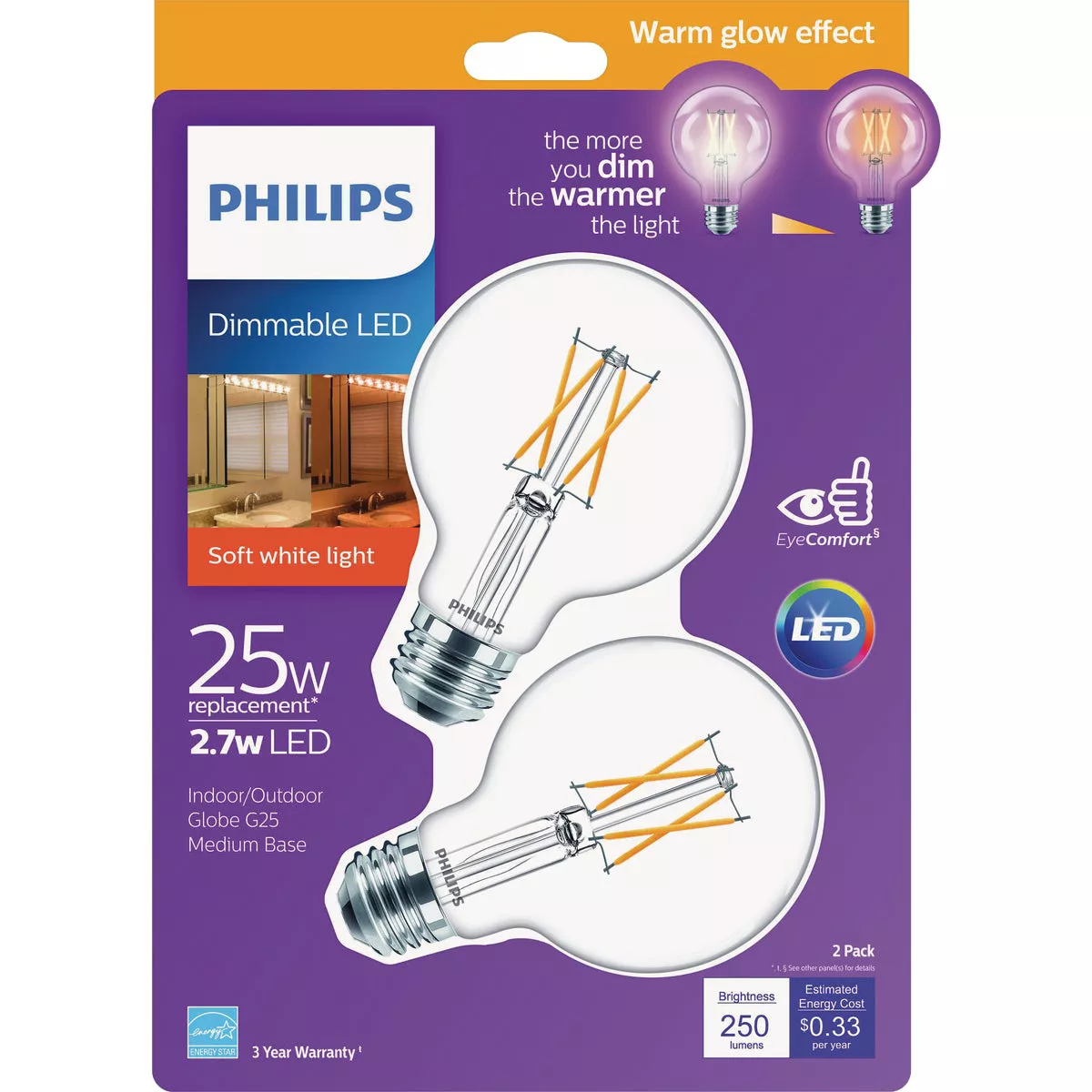 Philips Warm Glow 25W Equivalent Soft White G25 Medium Clear LED Decorative Light Bulb, Title 20 (2-Pack) - photo 2