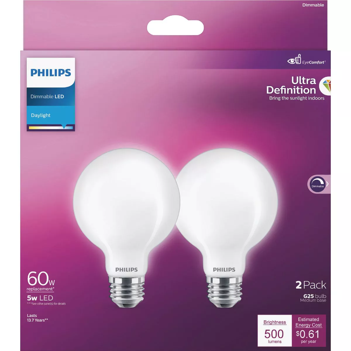 Philips Ultra Definition 60W Equivalent Daylight G25 Medium Frosted LED Decorative Light Bulb (2-Pack) - photo 2
