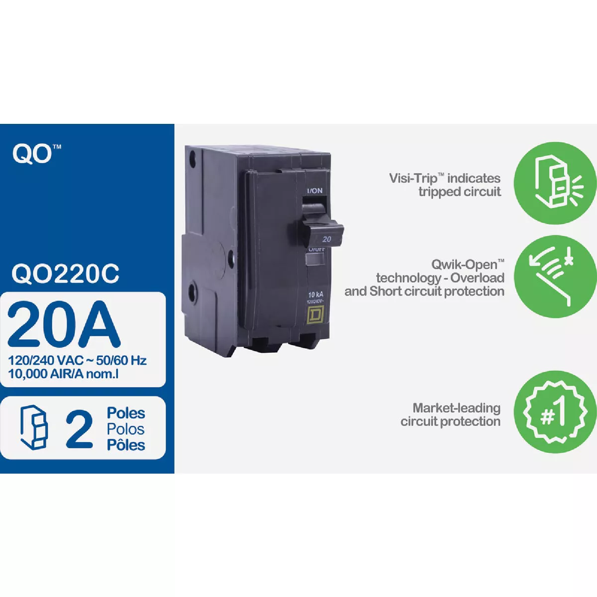 Square D QO 20A Double-Pole Standard Trip Circuit Breaker - photo 3