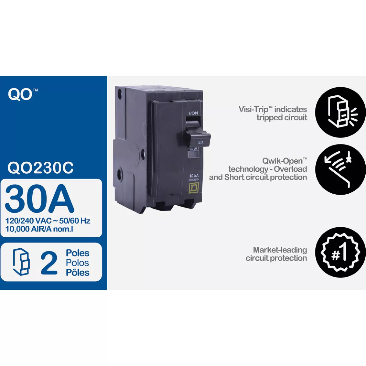 Square D QO 30A Double-Pole Standard Trip Circuit Breaker - photo 2