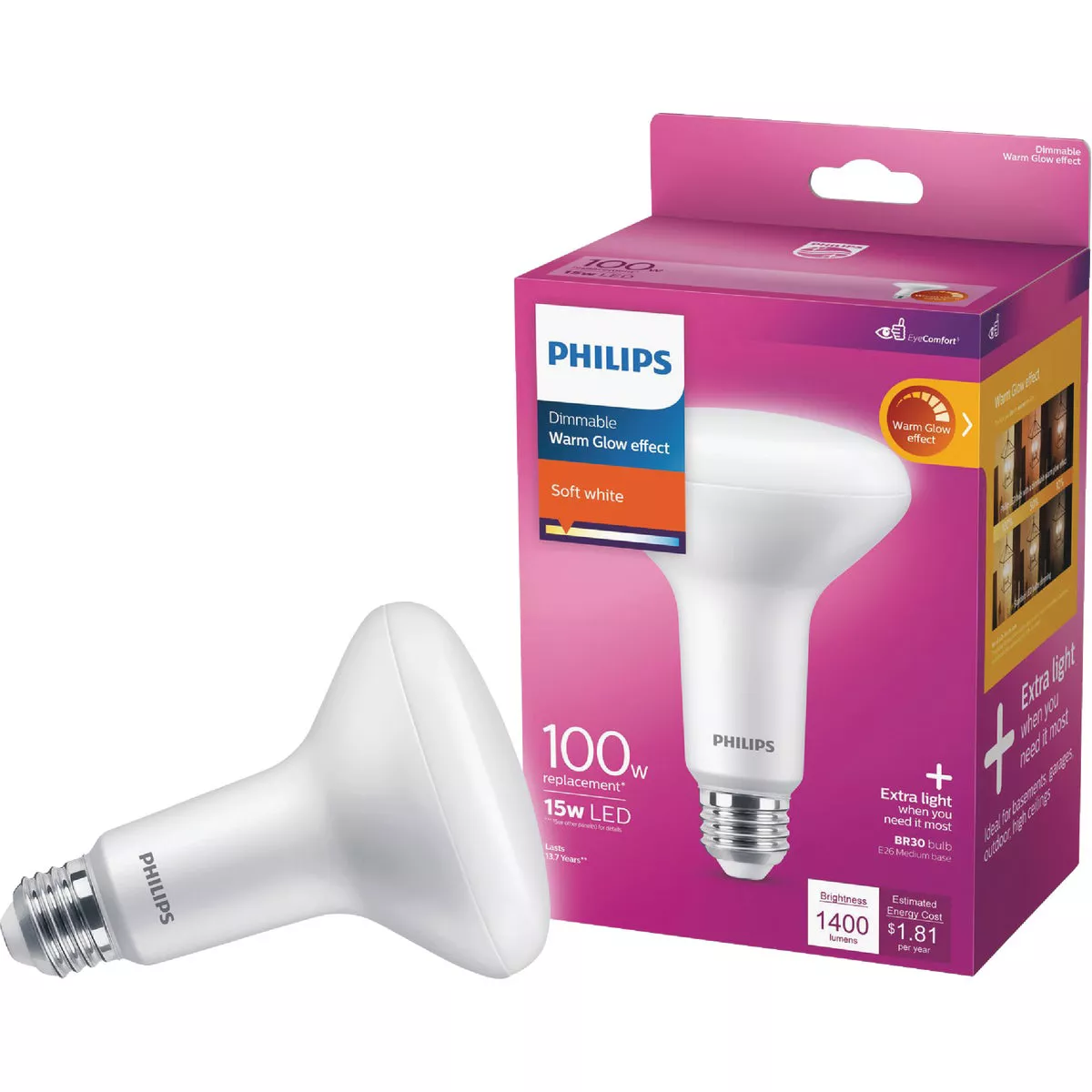 Philips Warm Glow 100W Equivalent Soft White BR30 Medium Dimmable LED Floodlight Light Bulb