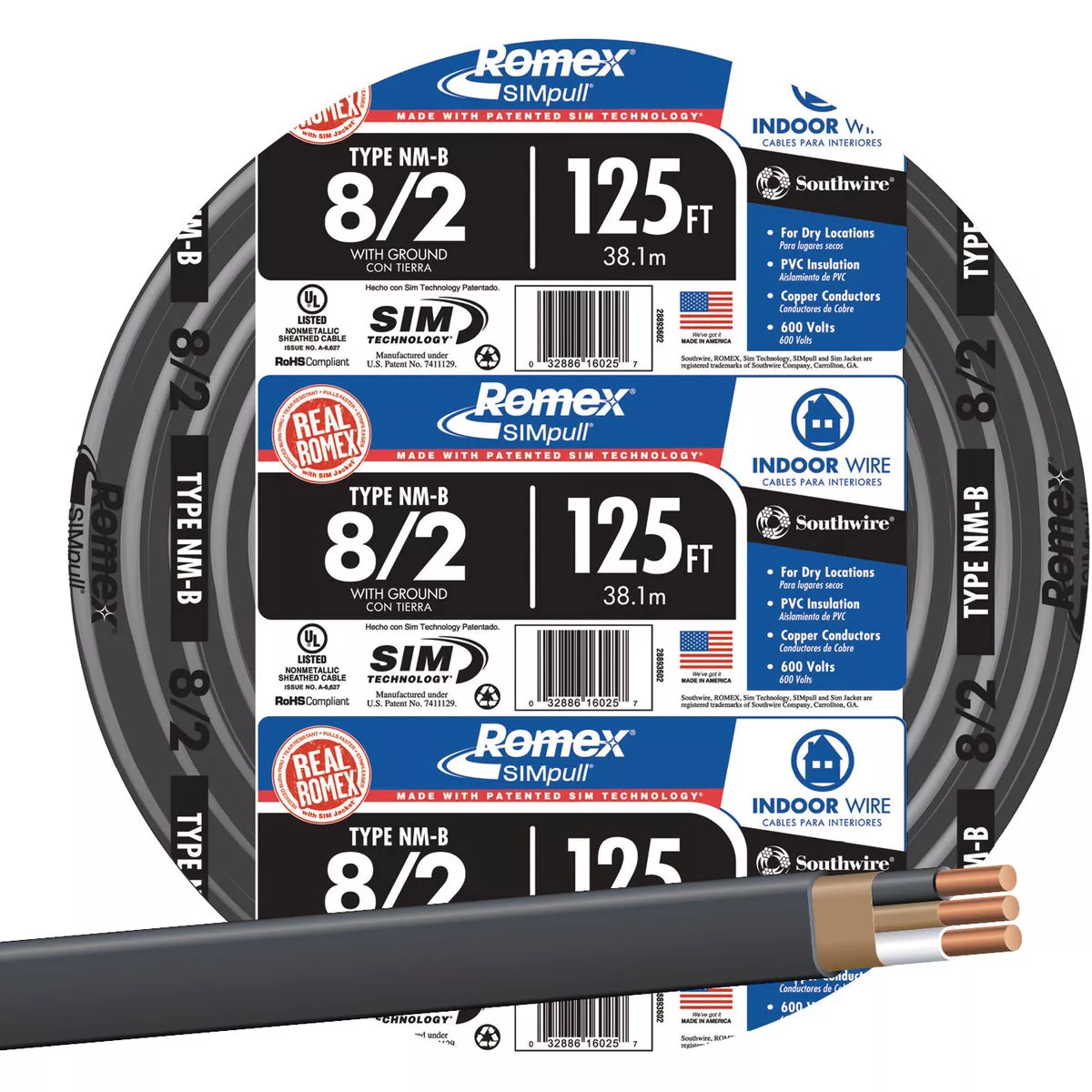 Romex 125 Ft. 8/2 Stranded Black NMW/G Electrical Wire