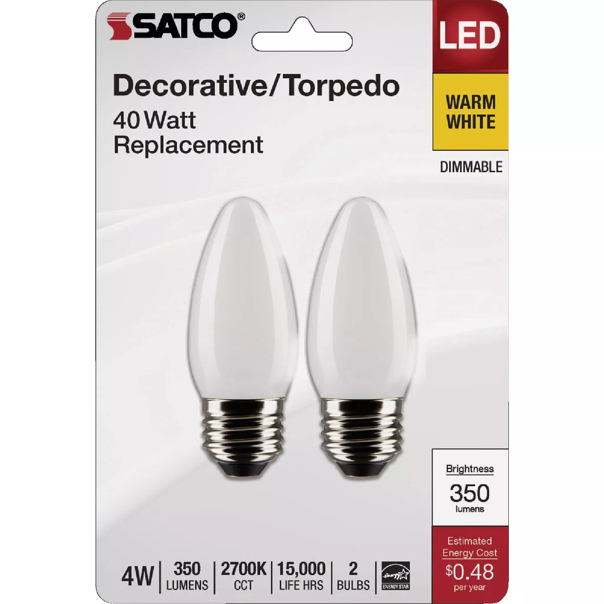 Satco 40W Equivalent Warm White B11 Medium Traditional Frosted LED Decorative Light Bulb (2-Pack) - photo 2