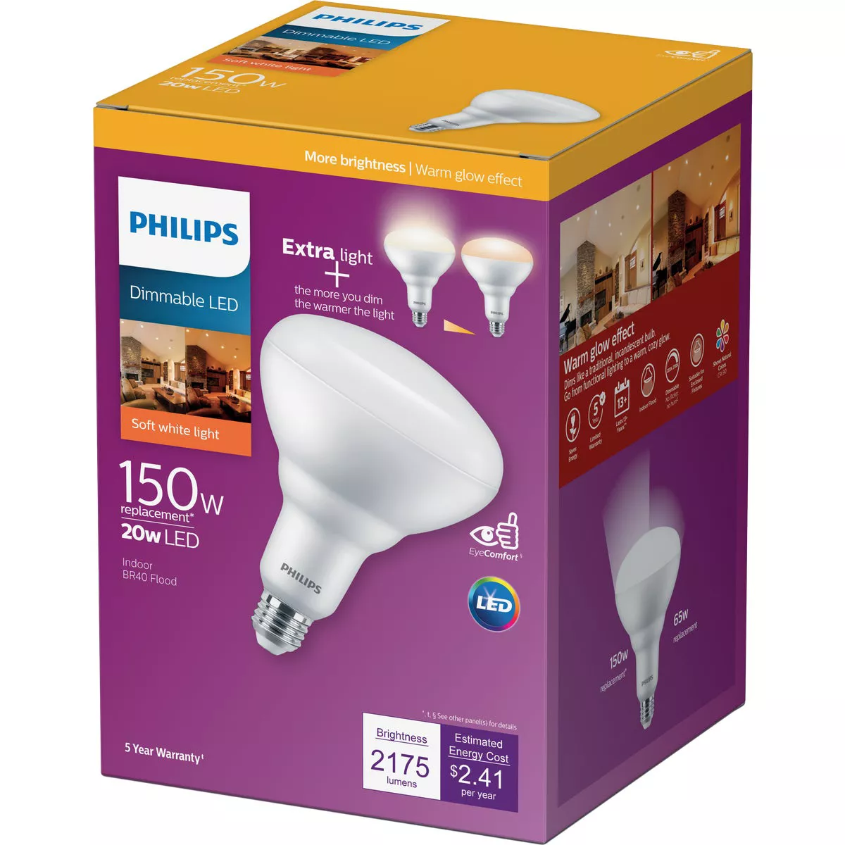 Philips Warm Glow 150W Equivalent Soft White BR40 Medium Dimmable LED Floodlight Light Bulb - photo 2