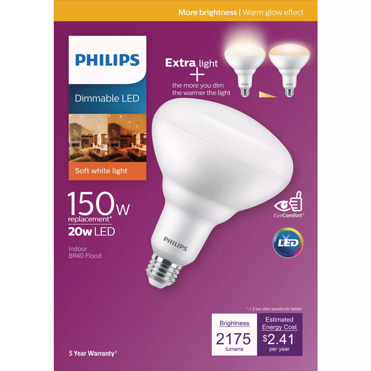 Philips Warm Glow 150W Equivalent Soft White BR40 Medium Dimmable LED Floodlight Light Bulb - photo 3