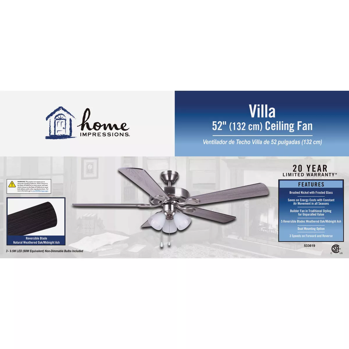 Home Impressions Villa 52 In. Brushed Nickel Ceiling Fan with Light Kit - photo 2