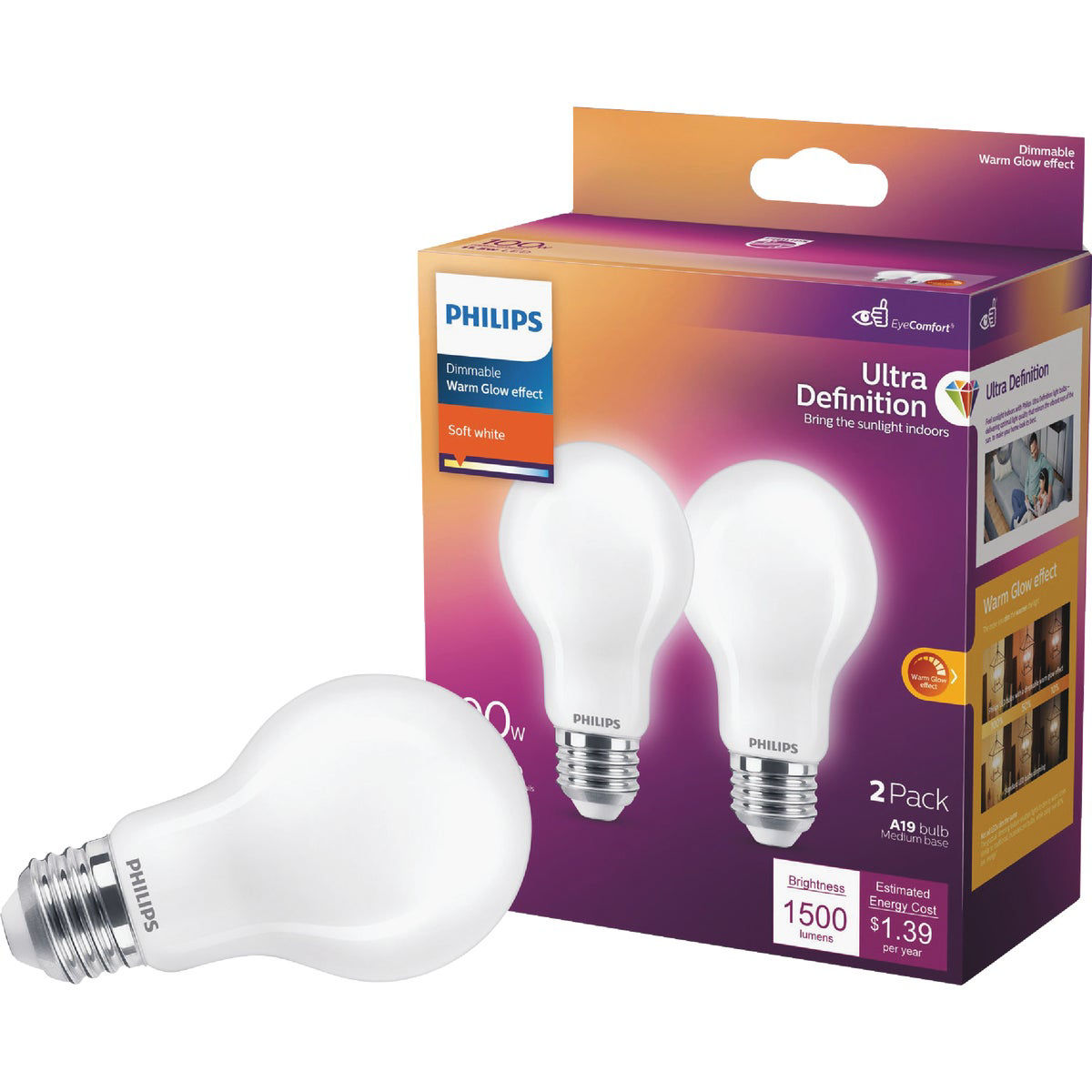 Philips Ultra Definition Warm Glow 100W Equivalent Soft White A21 Medium LED Light Bulb (2Pack