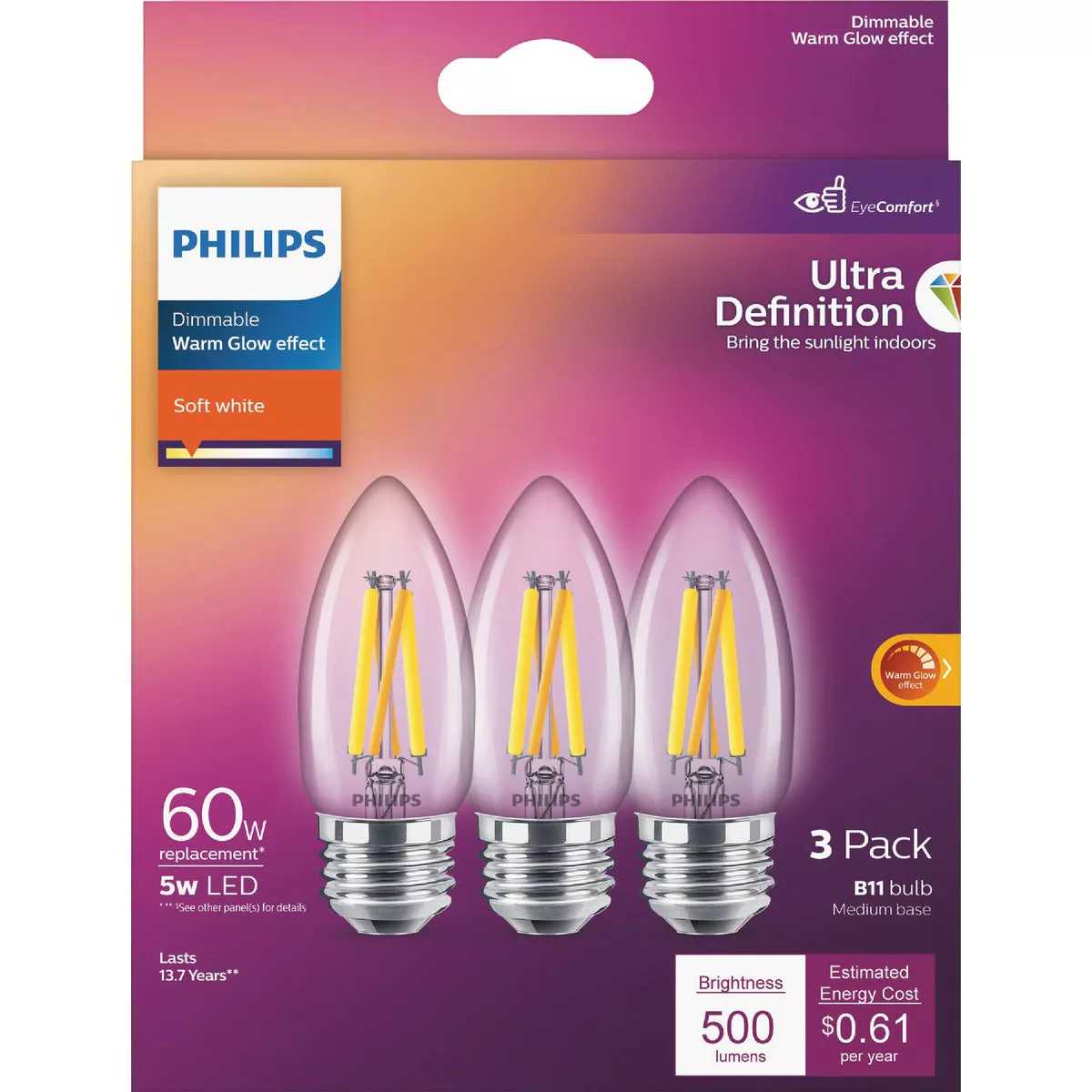 Philips Ultra Definition 60W Equivalent Soft White B11 Medium LED Decorative Light Bulb (3-Pack) - photo 2