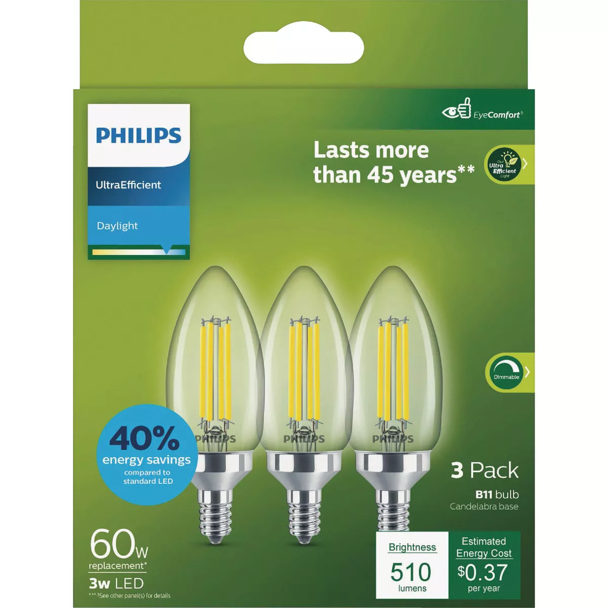 Philips Ultra Efficient 60W Equivalent Daylight B11 LED Light Bulb (3-Pack) - photo 2