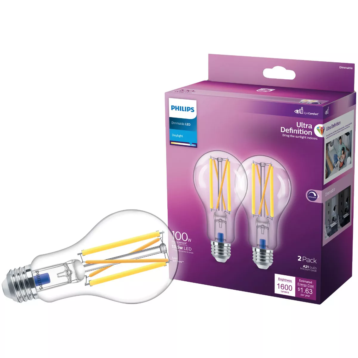 Philips Ultra Definition 100W Equivalent Daylight A19 Medium Dimmable LED Light Bulb, Clear (2-Pack)