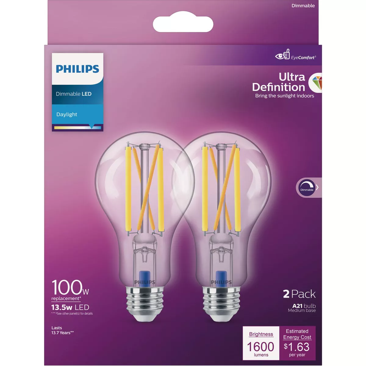 Philips Ultra Definition 100W Equivalent Daylight A19 Medium Dimmable LED Light Bulb, Clear (2-Pack) - photo 2