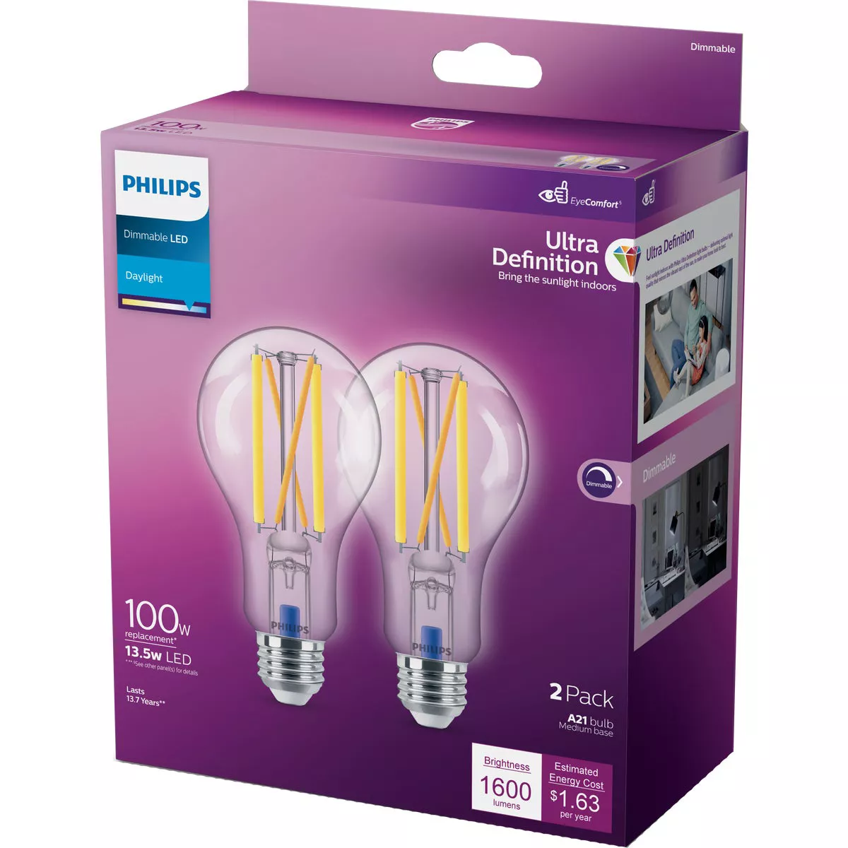 Philips Ultra Definition 100W Equivalent Daylight A19 Medium Dimmable LED Light Bulb, Clear (2-Pack) - photo 4