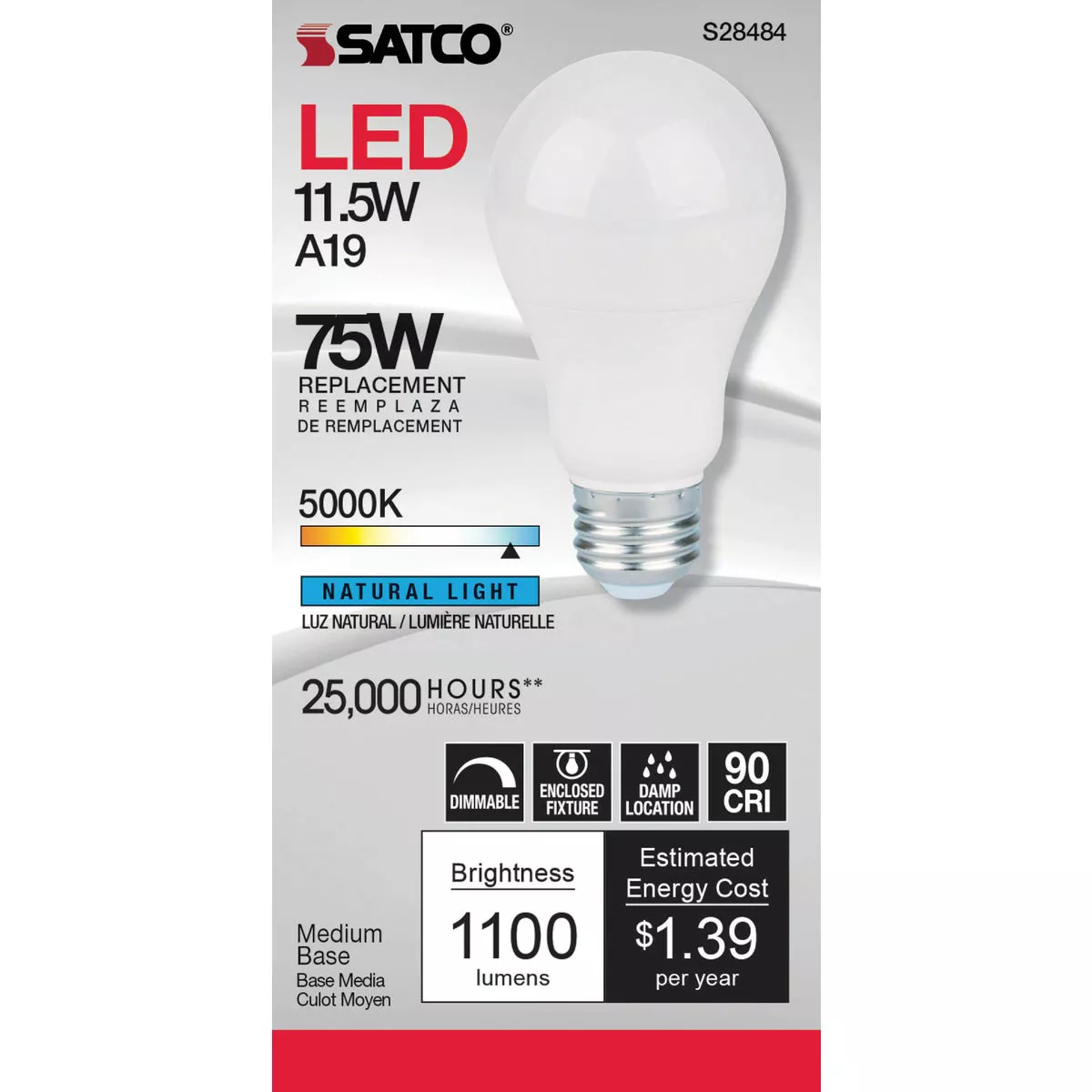 Satco 75W Equivalent Natural Light A19 Medium Dimmable LED Light Bulb - photo 3