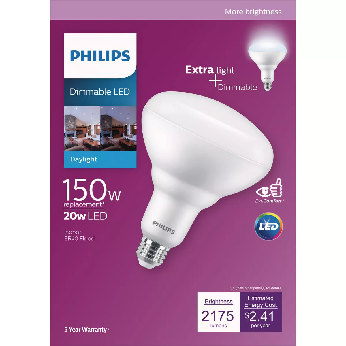 Philips 150W Equivalent Daylight BR40 Medium Dimmable LED Floodlight Light Bulb - photo 3