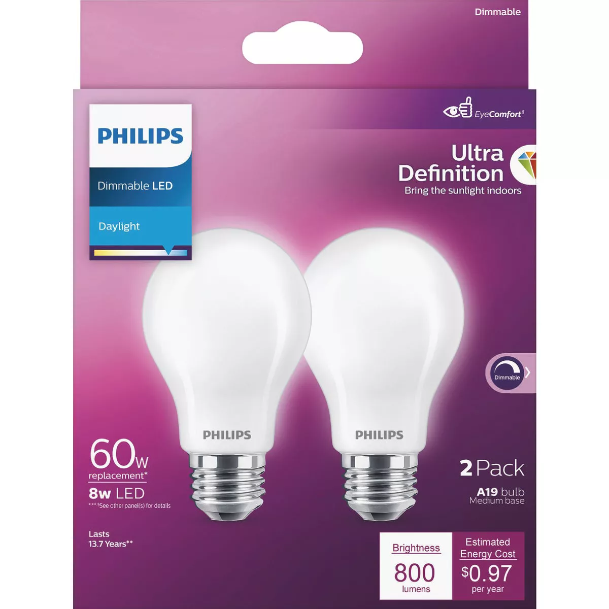 Philips Ultra Definition 60W Equivalent Daylight A19 Medium LED Light Bulb, Frosted (2-Pack) - photo 2