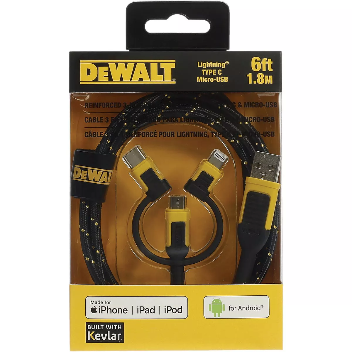 DEWALT 3-In-1 6 Ft. Lightning, Type-C, & Micro-USB Reinforced Cable - photo 4