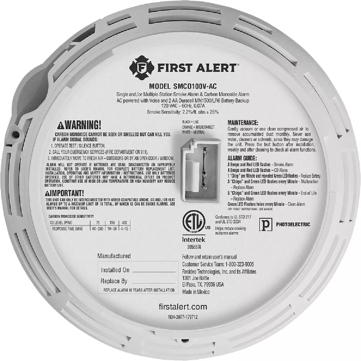 BRK SMCO100V-AC 2-In-1 Interconnect Hardwire Photoelectric Smoke & Carbon Monoxide Alarm with Battery Backup Voice - photo 5