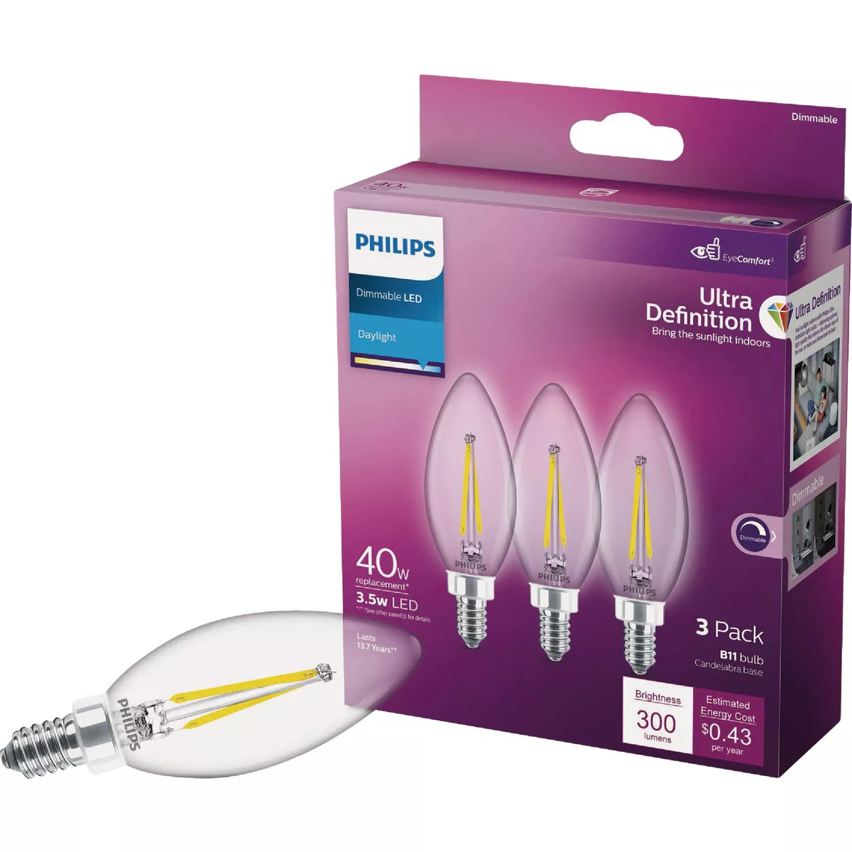Philips Ultra Definition 40W Equivalent B11 LED Candelabra Base Daylight Light Bulb (3-Pack) - photo 5