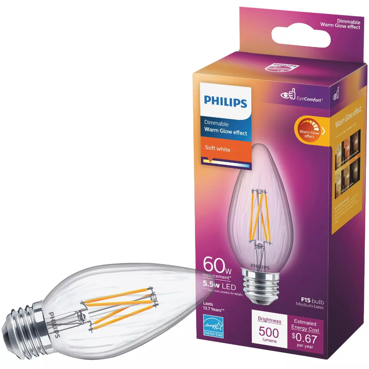 Philips 60-Watt Equivalent F15 Dimmable LED Post Light Bulb Soft White Clear with Warm Glow Light Effect (1-Bulb)
