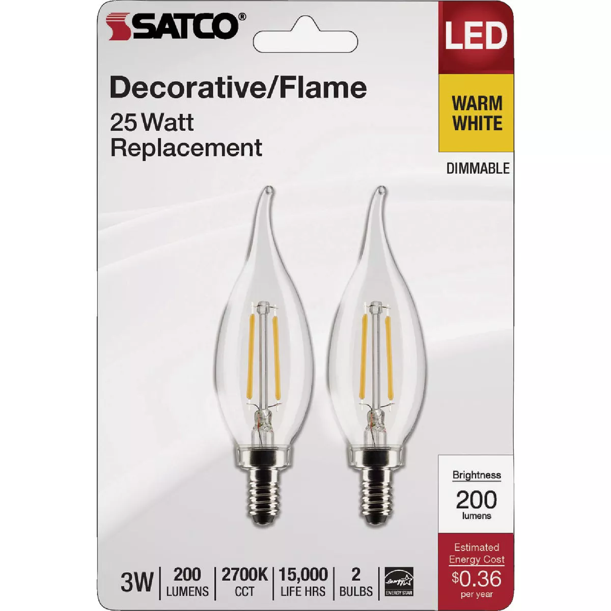 Satco 25W Equivalent Warm White CA10 Candelabra LED Decorative Light Bulb (2-Pack) - photo 2