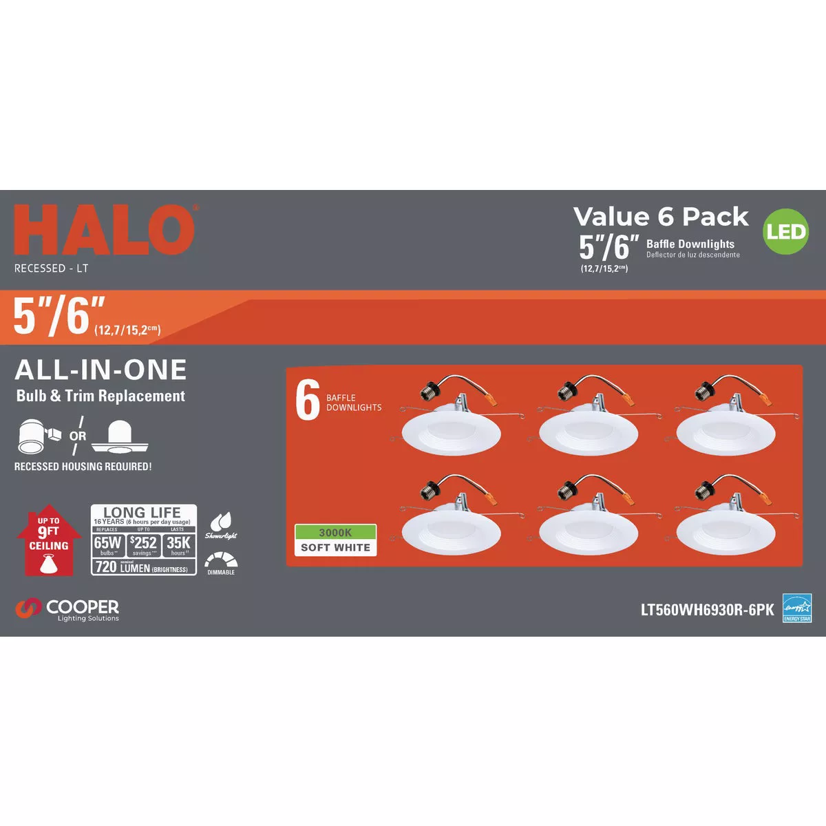 Halo 5 in./6 in. Retrofit IC Rated White LED Recessed Light Fixture (6-Pack) - photo 2