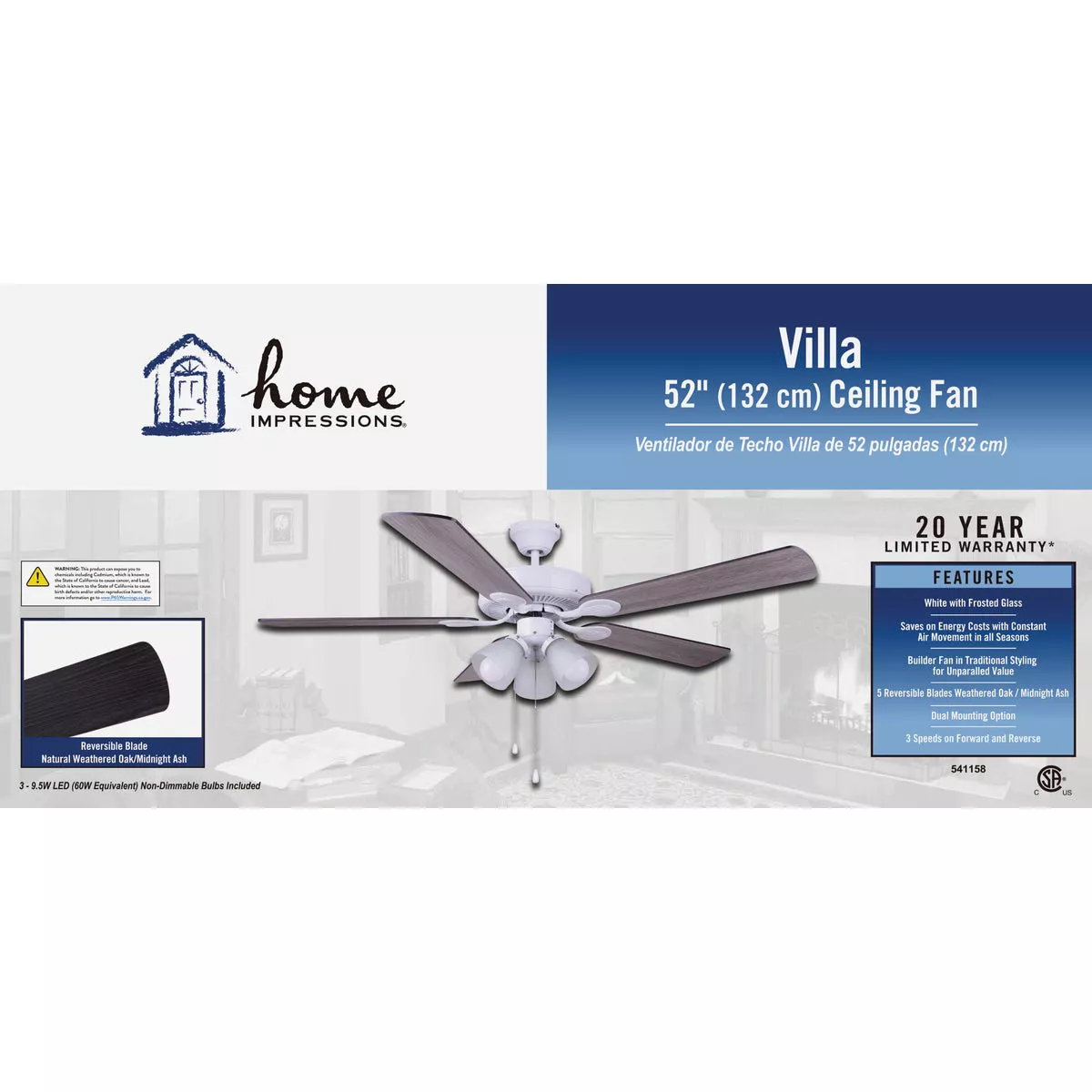 Home Impressions Villa 52 In. White Ceiling Fan with Light Kit - photo 2