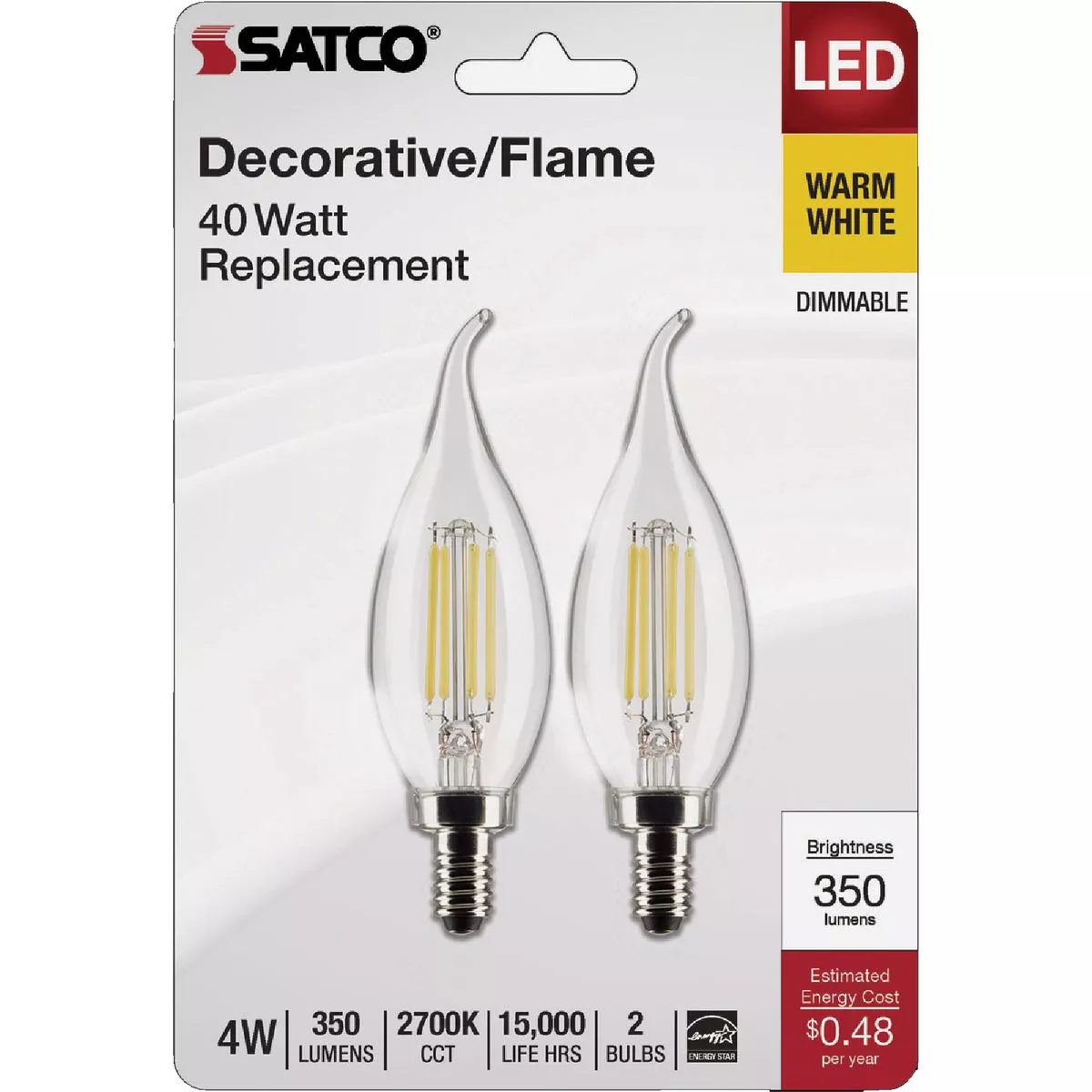 Satco 40W Equivalent Warm White Clear CA10 Candelabra LED Decorative Light Bulb (2-Pack) - photo 2