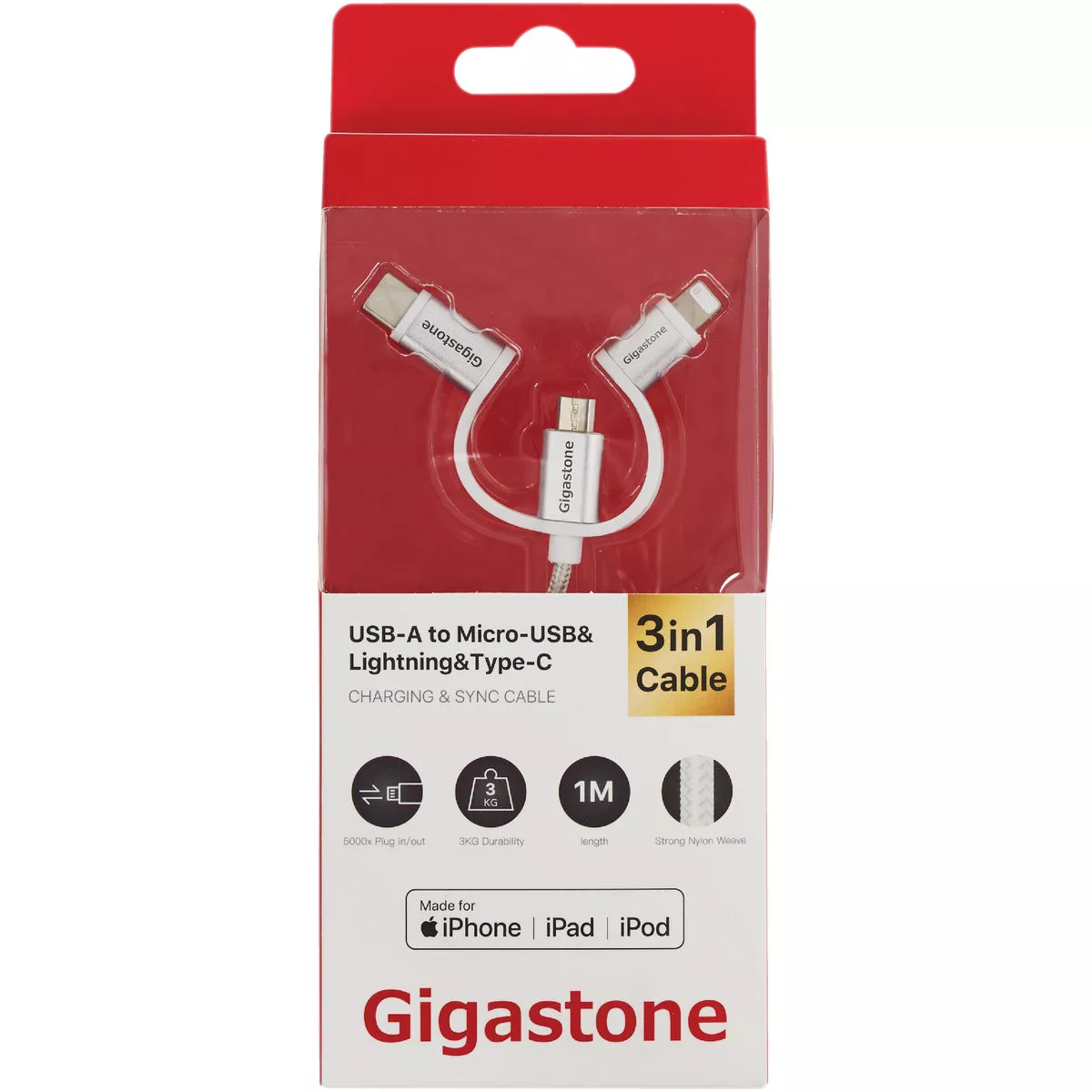 Gigastone 3 Ft. White 3-In-1 USB-A to Micro-USB/Lightning/Type-C Charging & Sync Cable - photo 2