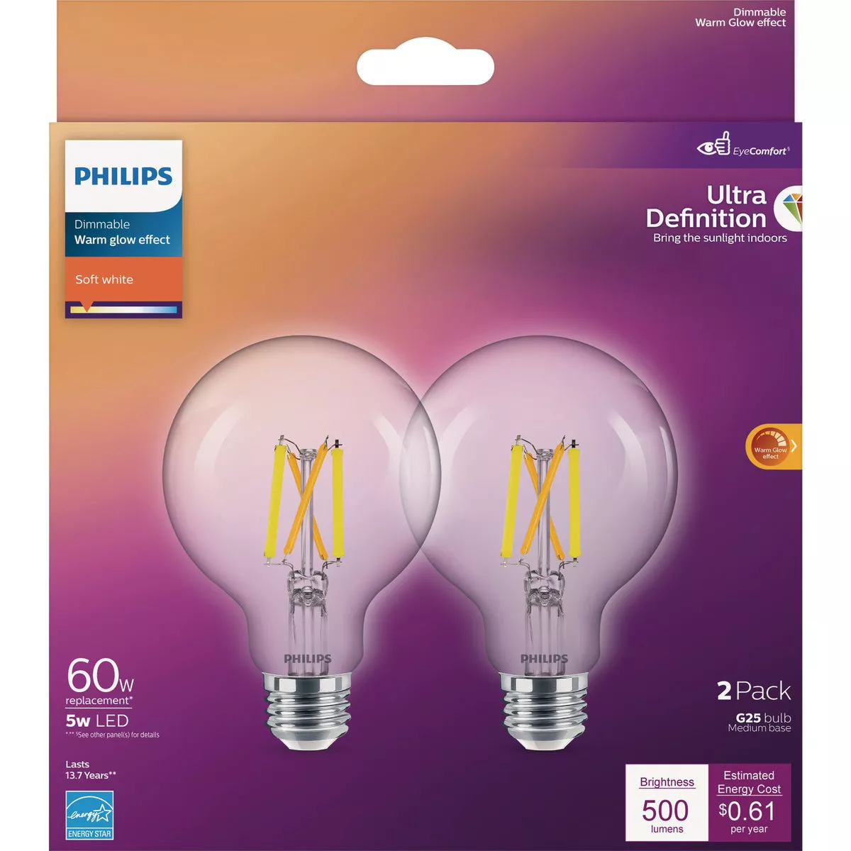 Philips Ultra Definition 60W Equivalent Soft White G25 Medium LED Decorative Light Bulb (2-Pack) - photo 2