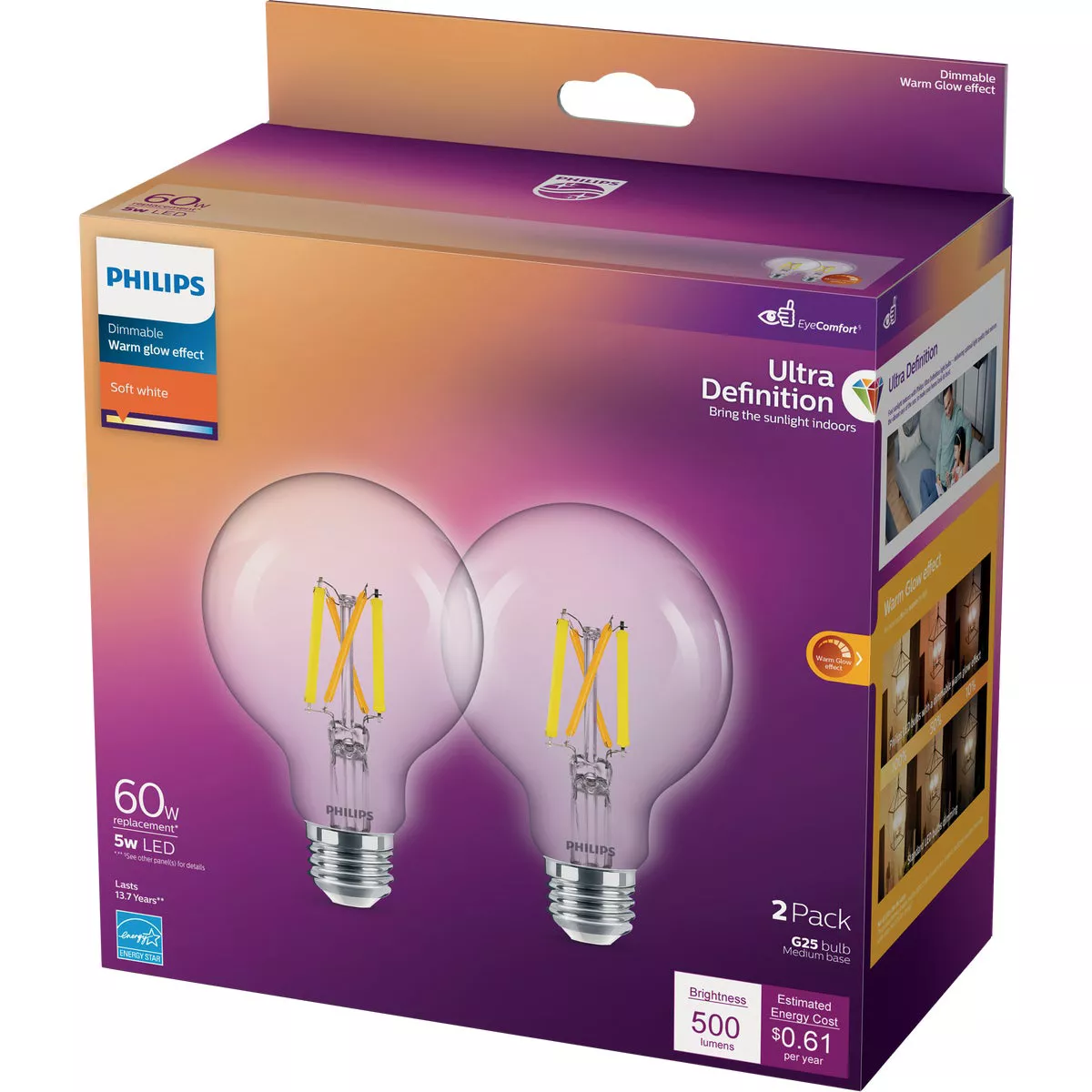 Philips Ultra Definition 60W Equivalent Soft White G25 Medium LED Decorative Light Bulb (2-Pack) - photo 4