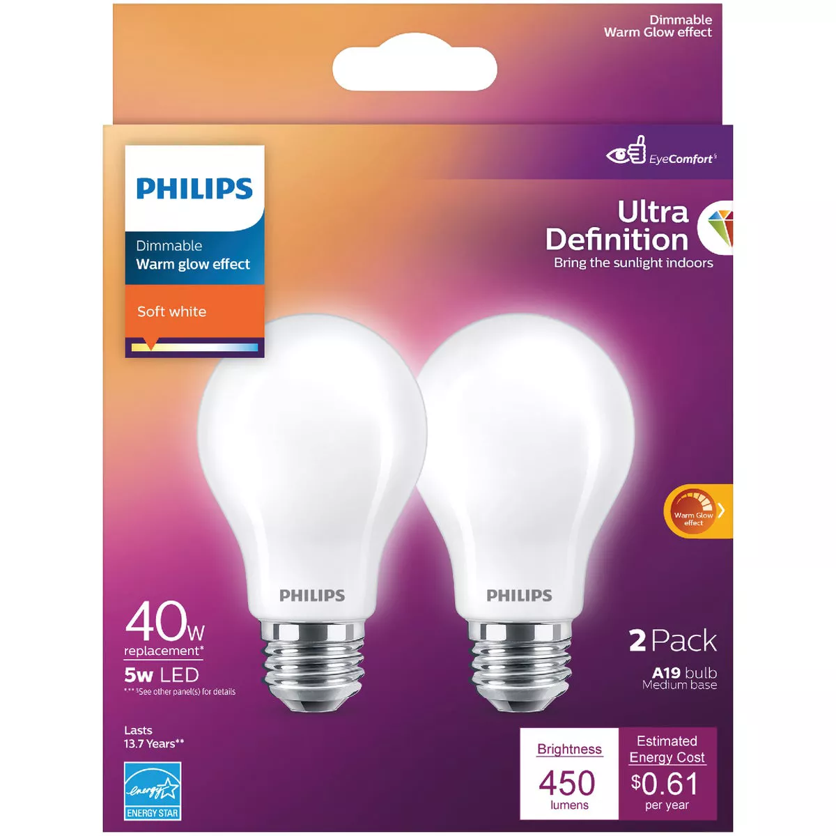 Philips Ultra Definition Warm Glow 40W Equivalent Soft White A19 Medium LED Light Bulb (2-Pack) - photo 2