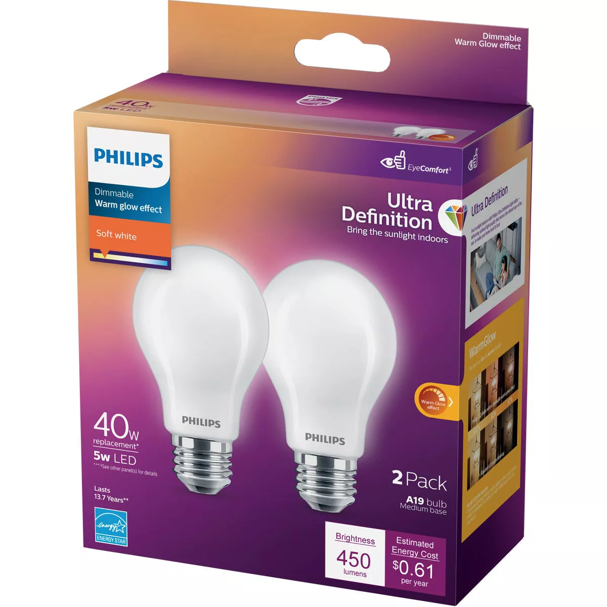 Philips Ultra Definition Warm Glow 40W Equivalent Soft White A19 Medium LED Light Bulb (2-Pack) - photo 4