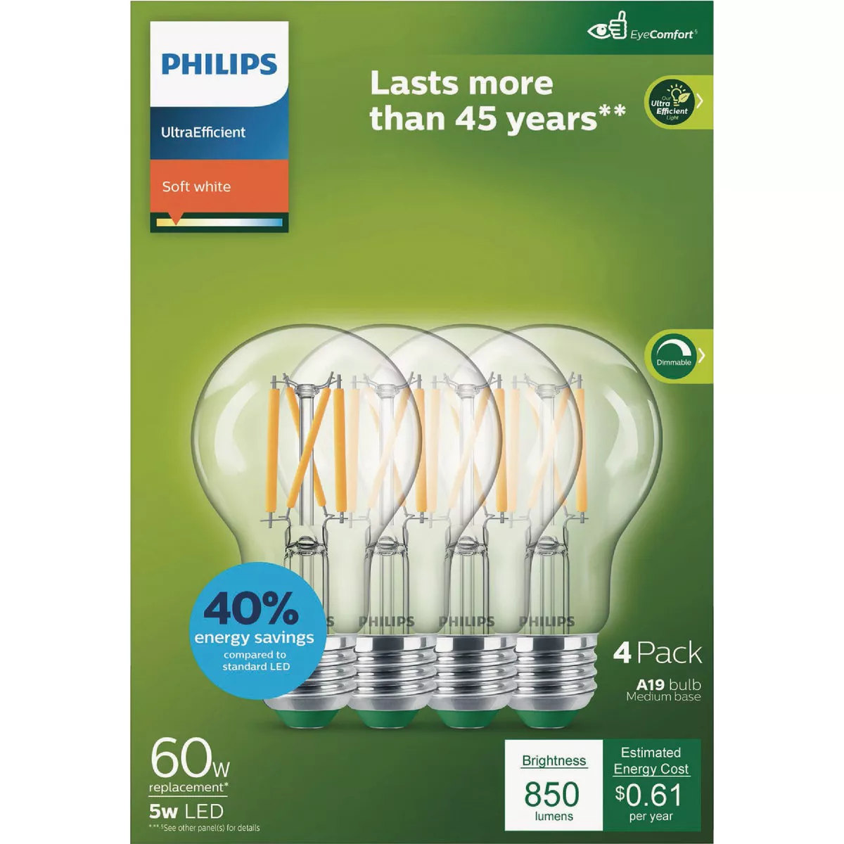 Philips Ultra Efficient 60W Equivalent Soft White Clear A19 LED Bulb (4-Pack) - photo 2