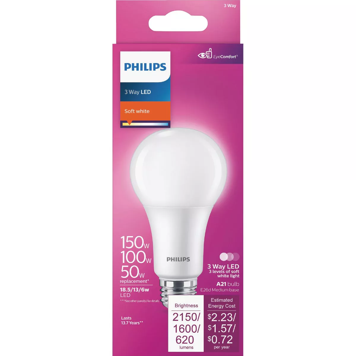 Philips 50/100/150W Equivalent Soft White A21 Medium 3-Way LED Light Bulb - photo 2