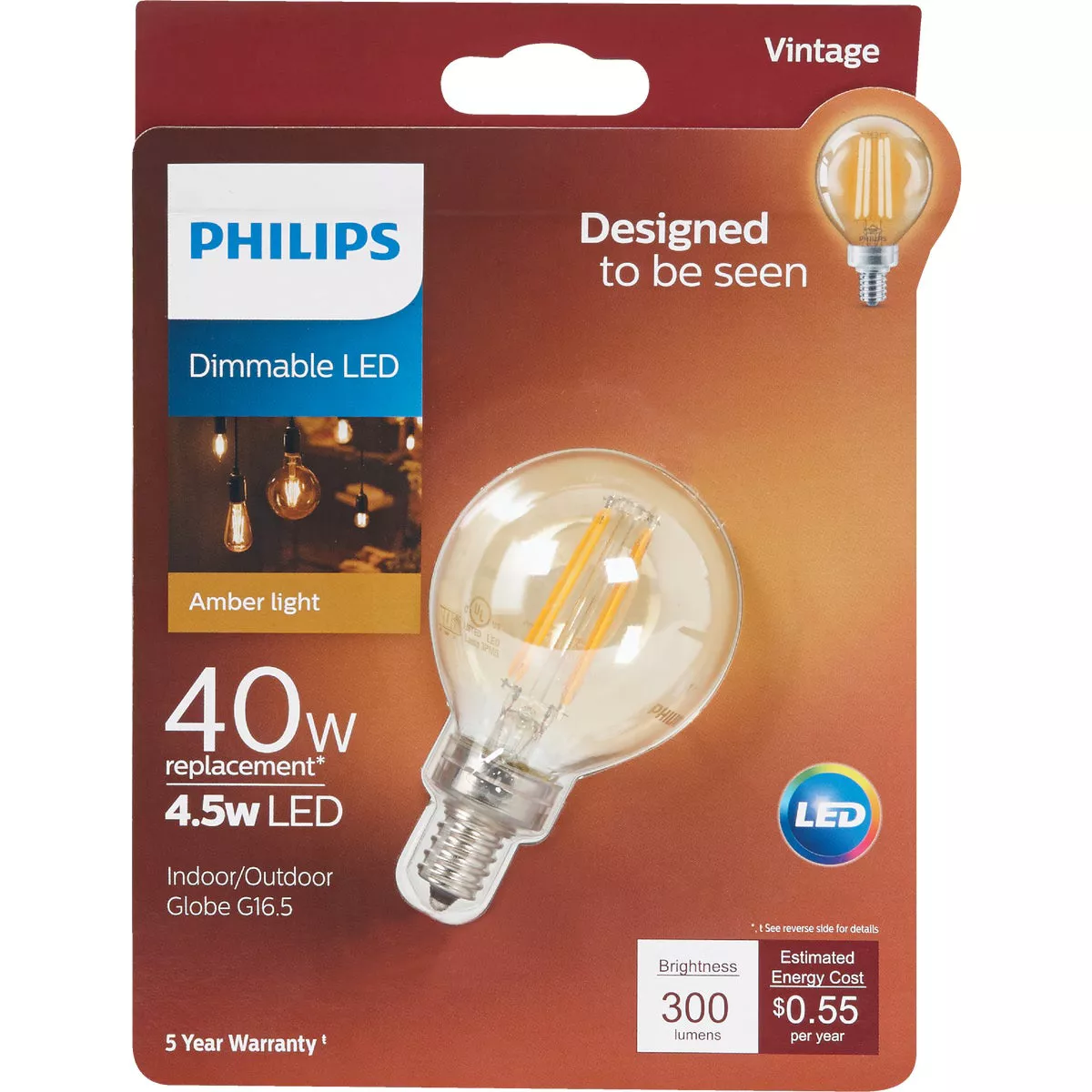 Philips Vintage Edison 40W Equivalent Soft White G16.5 Candelabra Dimmable LED Decorative Light Bulb - photo 2