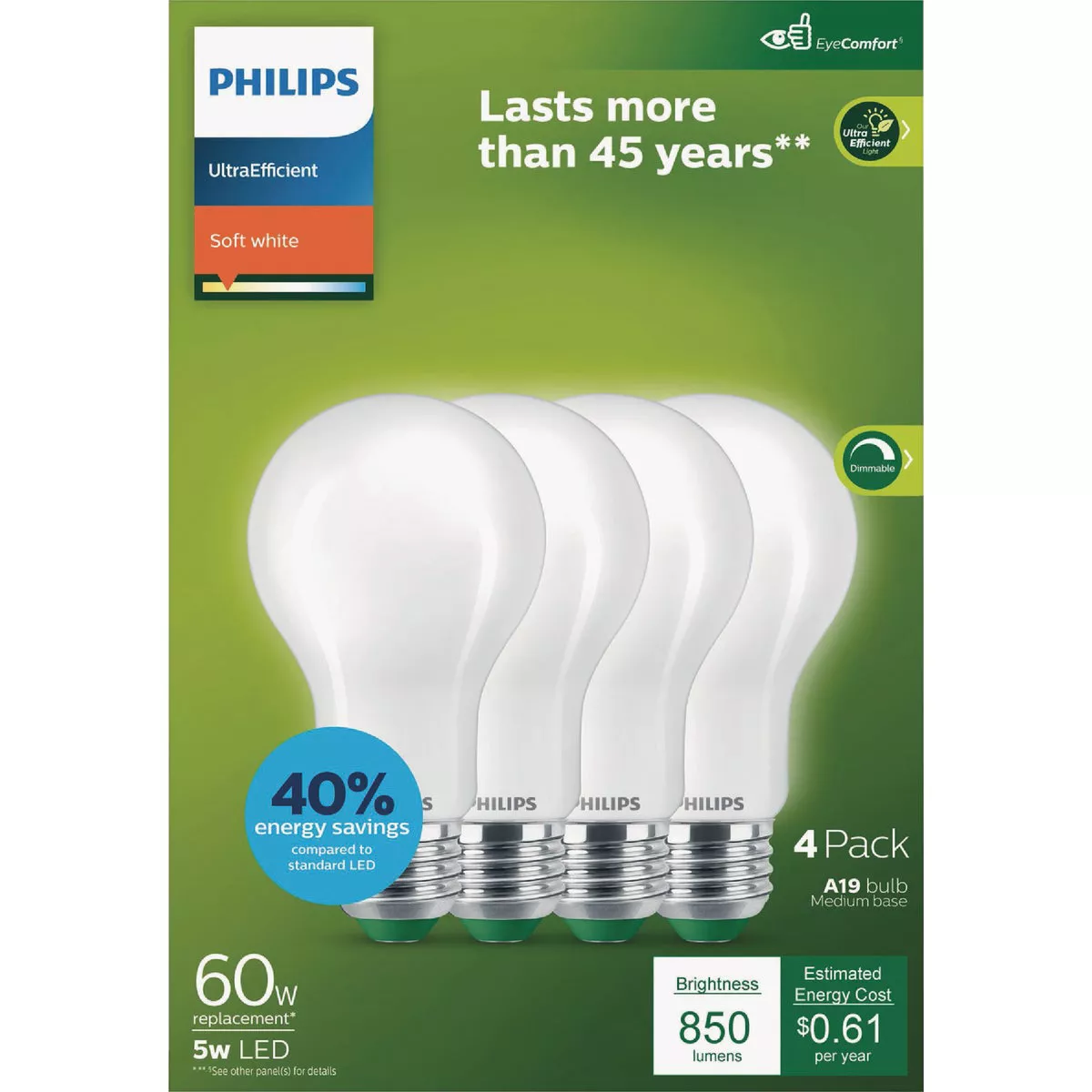 Philips Ultra Efficient 60W Equivalent Soft White Frosted A19 LED Bulb (4-Pack) - photo 2