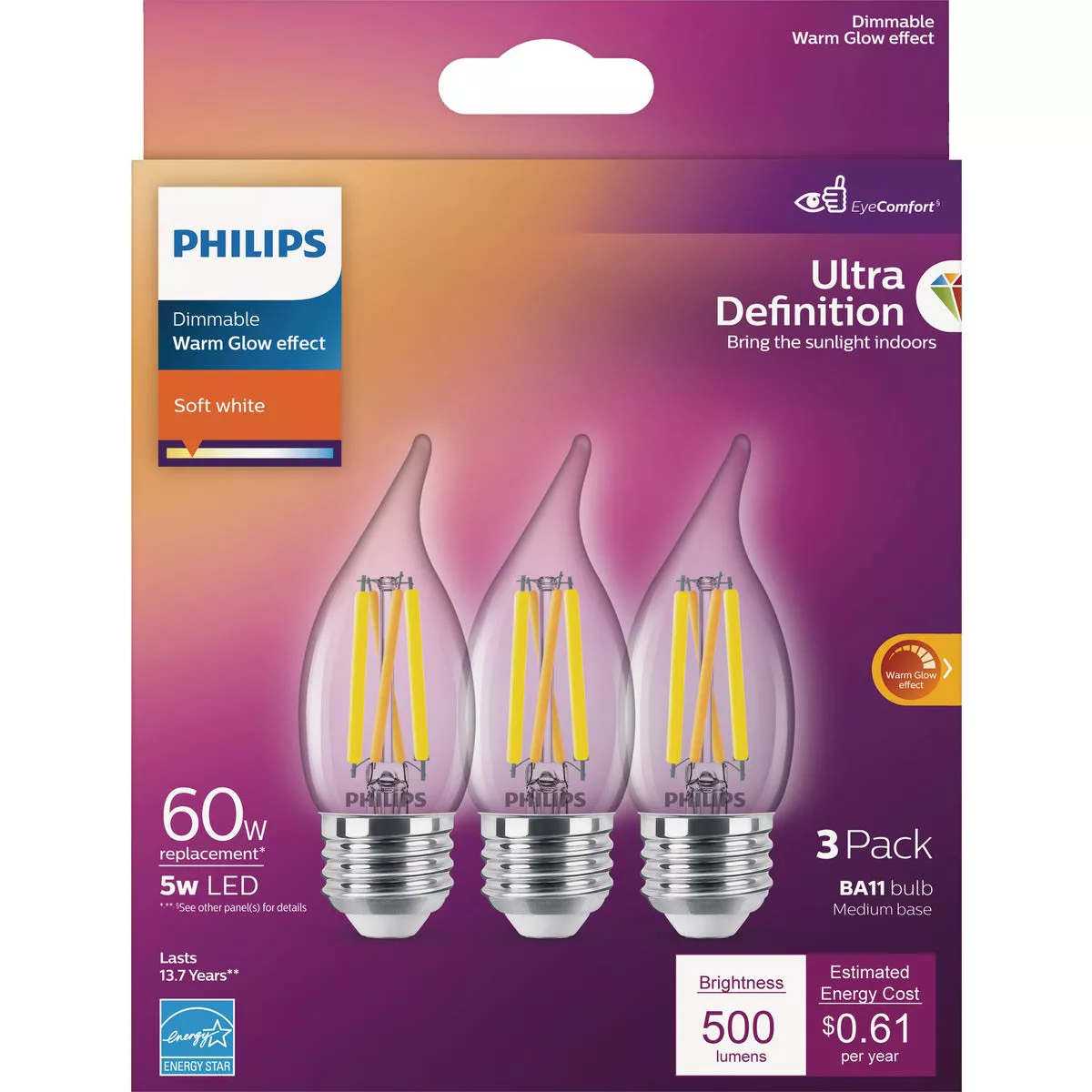 Philips Ultra Definition 60W Equivalent Soft White BA11 Medium LED Decorative Light Bulb (3-Pack) - photo 2