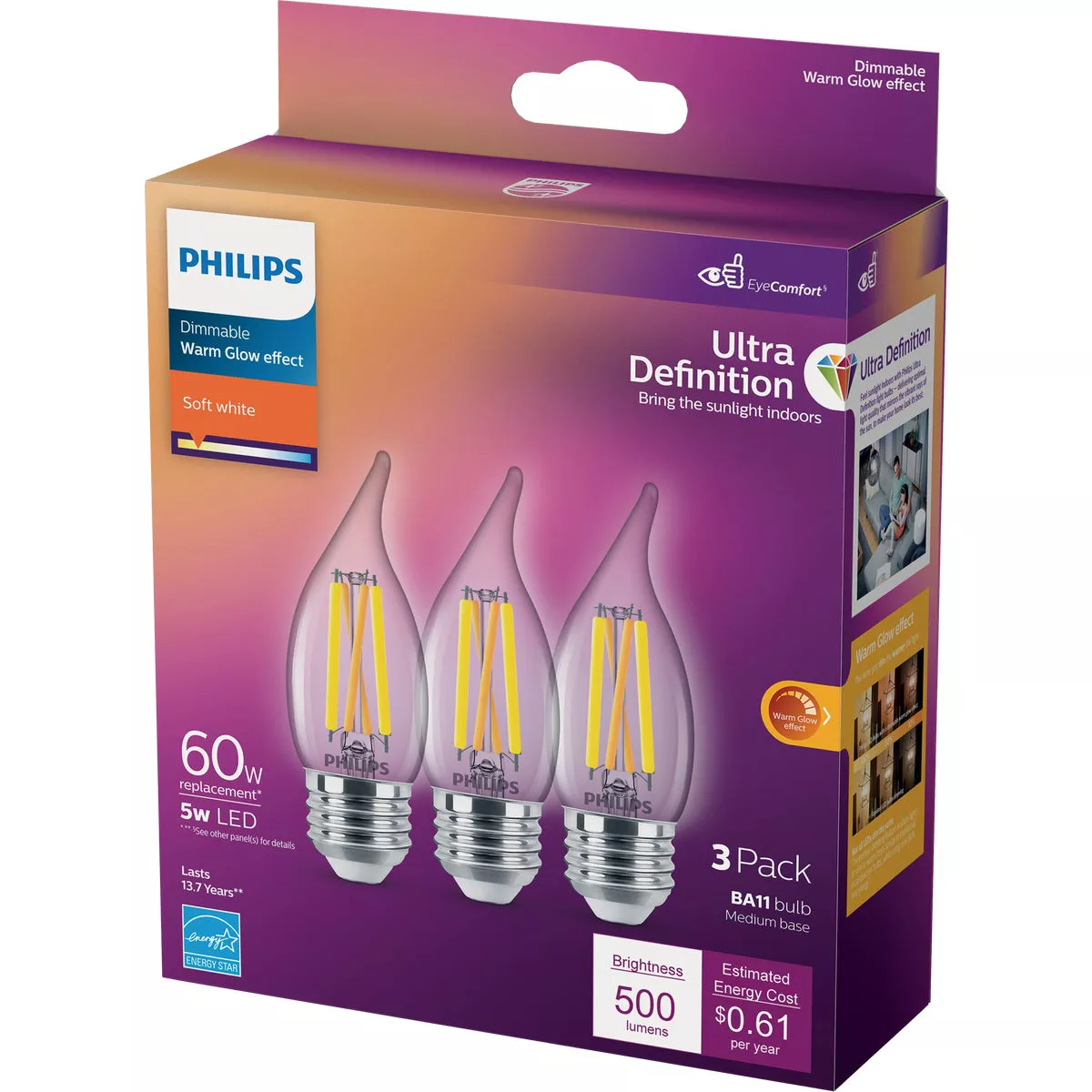Philips Ultra Definition 60W Equivalent Soft White BA11 Medium LED Decorative Light Bulb (3-Pack) - photo 4