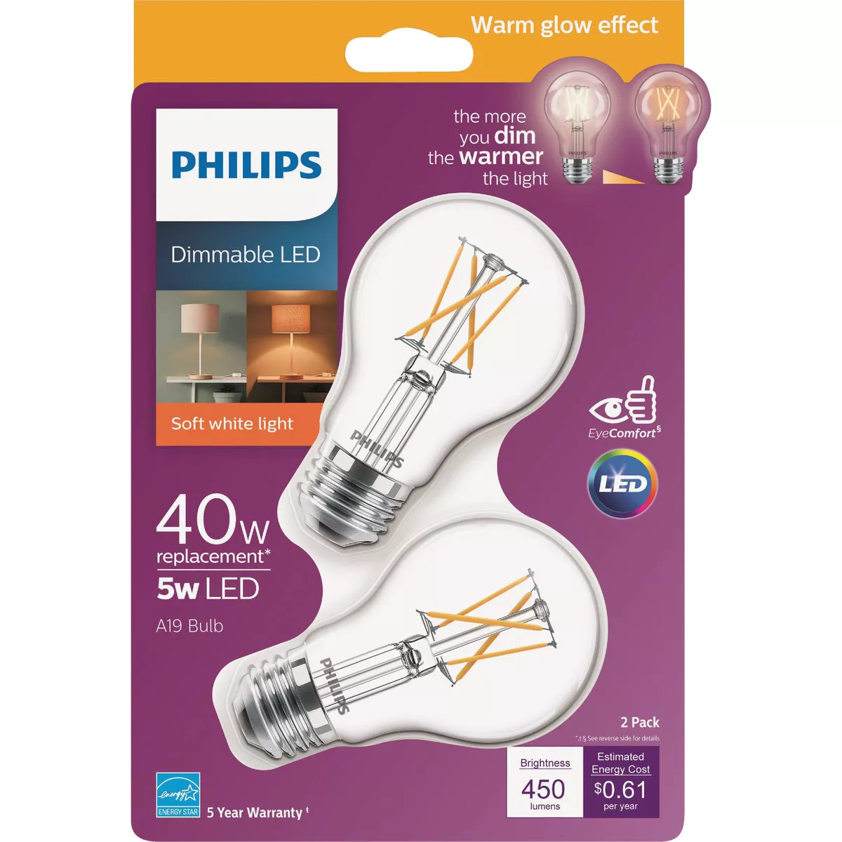Philips Warm Glow 40W Equivalent Soft White A19 Medium Dimmable LED Light Bulb (2-Pack)
