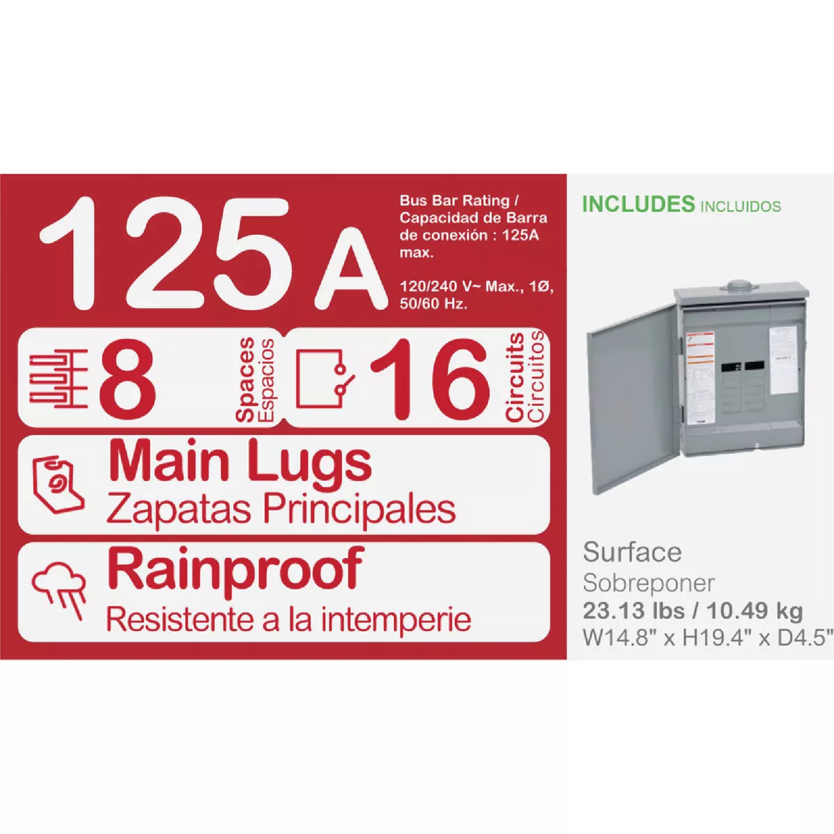 Square D Homeline 125A 8-Space 16-Circuit Raintight Main Lug Plug-on Neutral Load Center - photo 2