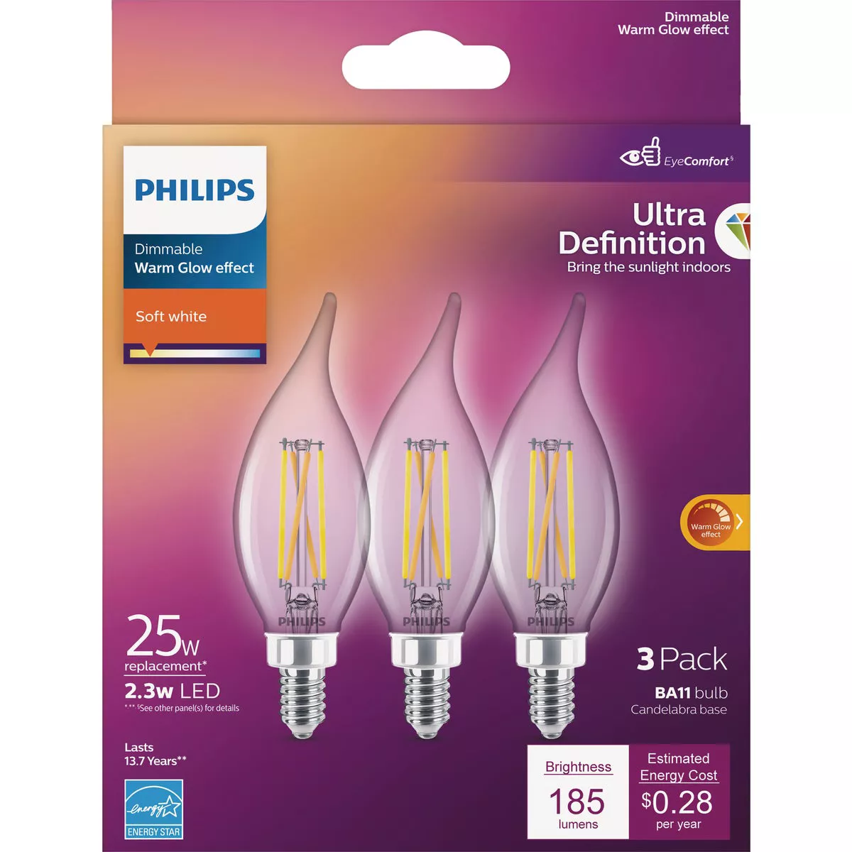 Philips Ultra Definition 25W Equivalent Soft White BA11 Candelabra LED Decorative Light Bulb (3-Pack) - photo 2