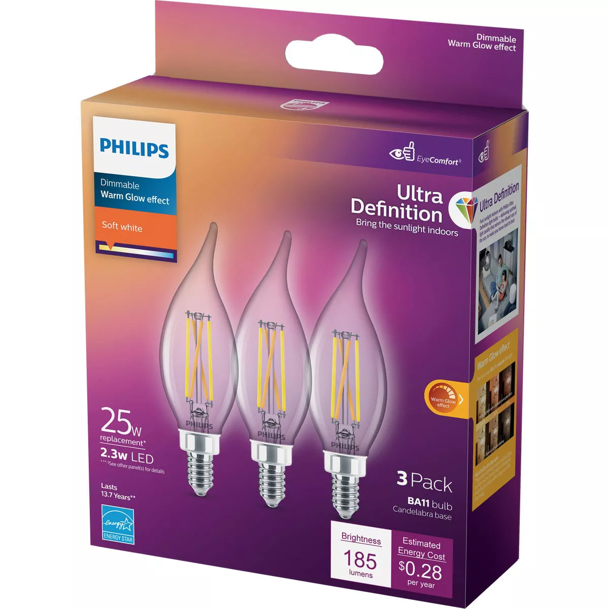 Philips Ultra Definition 25W Equivalent Soft White BA11 Candelabra LED Decorative Light Bulb (3-Pack) - photo 4