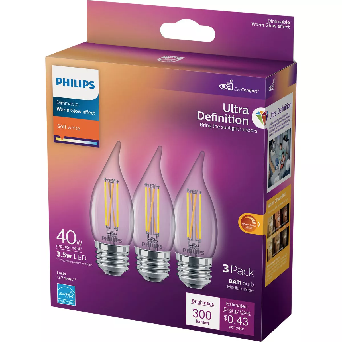 Philips Ultra Definition 40W Equivalent Soft White BA11 Medium LED Decorative Light Bulb (3-Pack) - photo 4