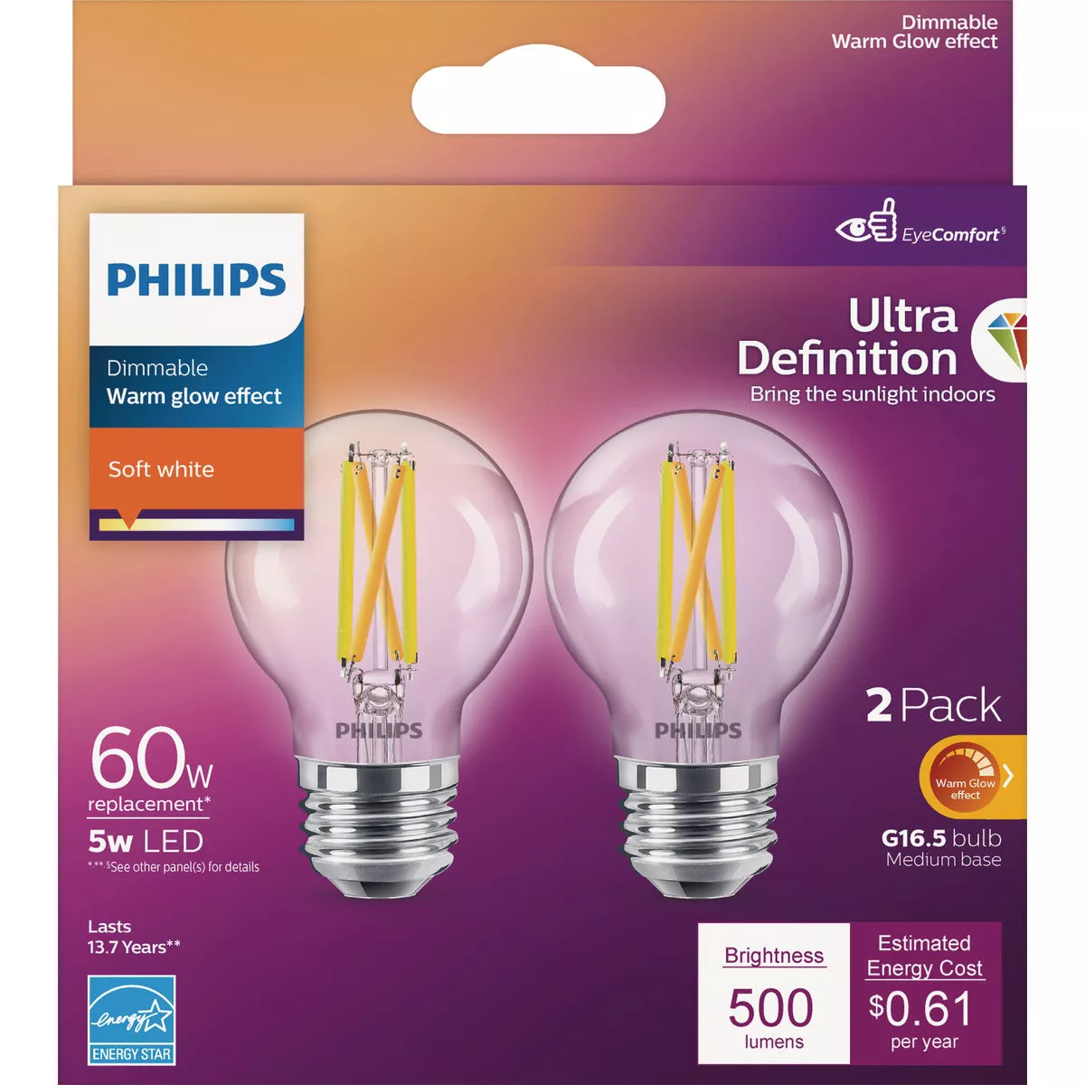 Philips Ultra Definition 60W Equivalent Soft White G16.5 Medium LED Decorative Light Bulb (2-Pack) - photo 2