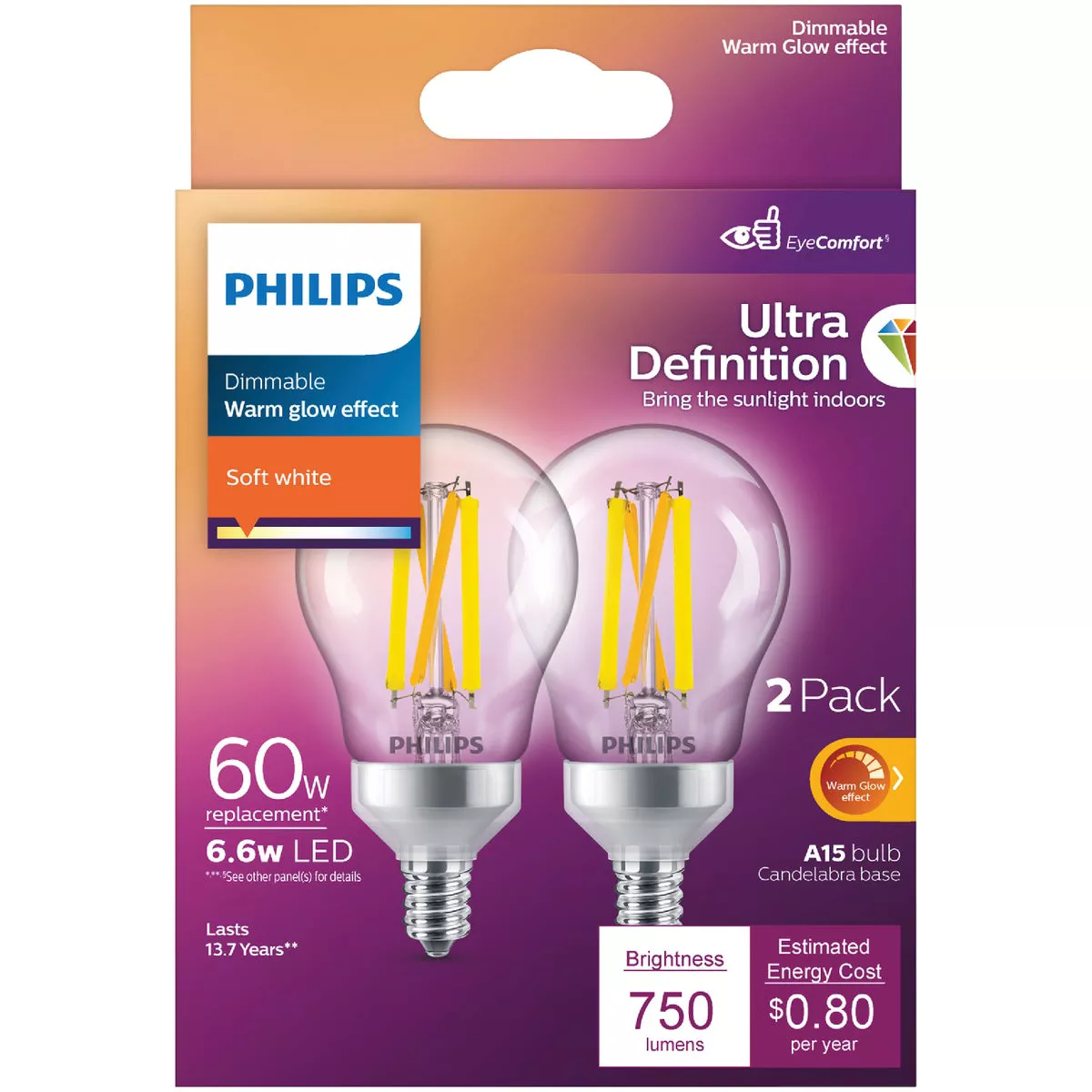 Philips Ultra Definition Warm Glow 60W Equivalent Soft White A15 Candelabra LED Light Bulb (2-Pack) - photo 2