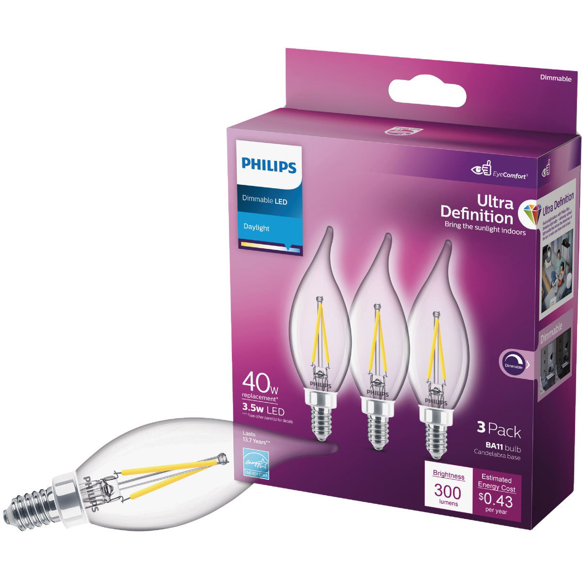Philips Ultra Definition 40W Equivalent Daylight BA11 Candelabra LED