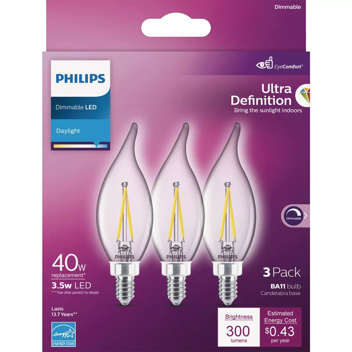 Philips Ultra Definition 40W Equivalent Daylight BA11 Candelabra LED Decorative Light Bulb (3-Pack) - photo 2