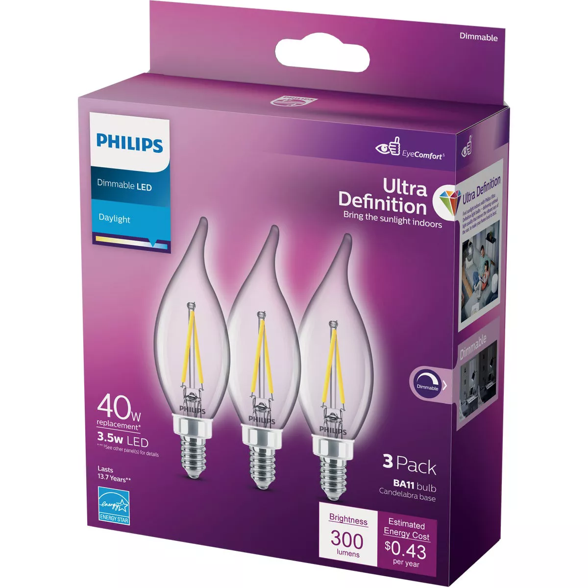 Philips Ultra Definition 40W Equivalent Daylight BA11 Candelabra LED Decorative Light Bulb (3-Pack) - photo 4